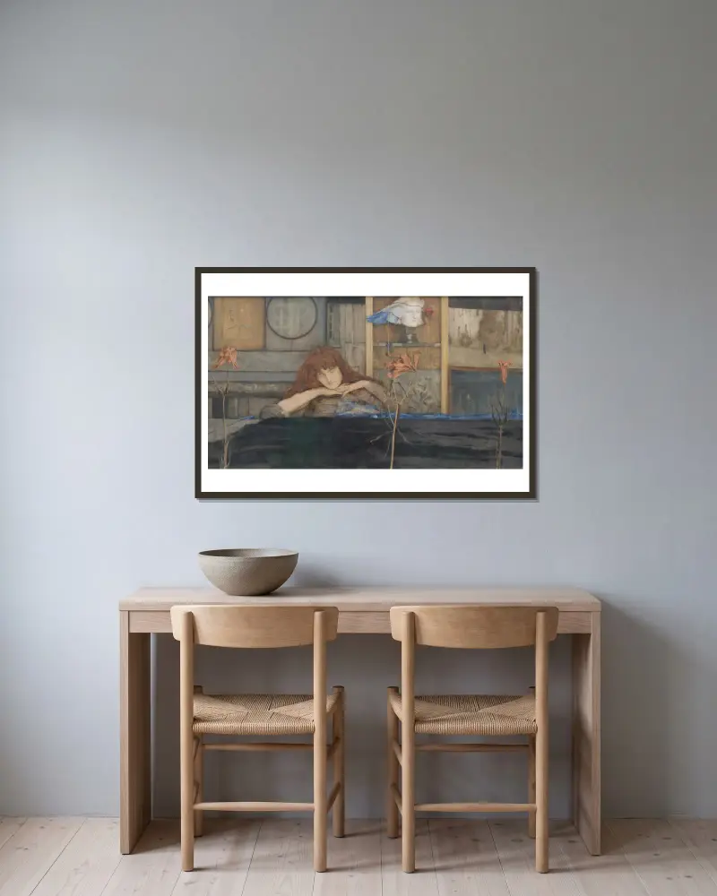 I lock my door upon myself av Fernand Khnopff inramad på en vägg
