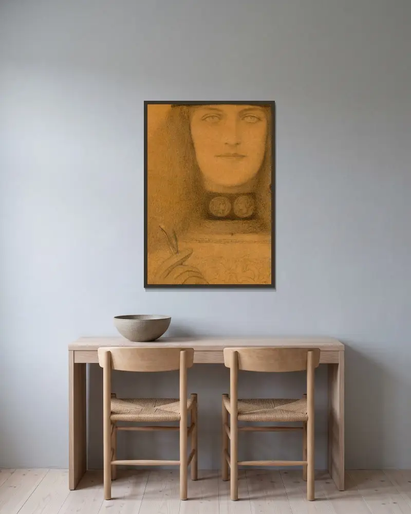 Medaljkedjan av Fernand Khnopff inramad på en vägg