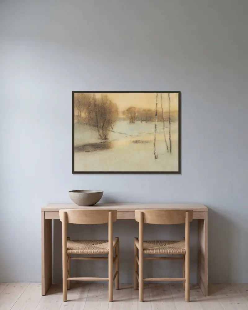 Schneelandschaft von Fernand Khnopff gerahmt an einer Wand