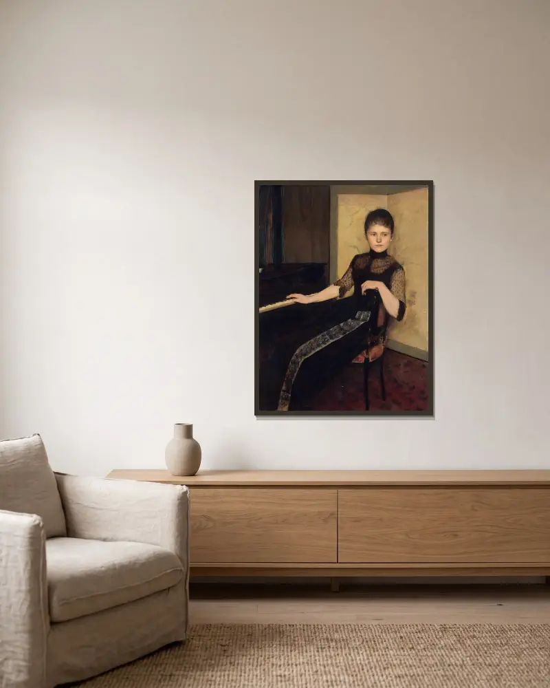 Porträtt av Jonkvrouwe Maria Francisca Louisa Dommer van Poldersveldt av Fernand Khnopff inramad på en vägg