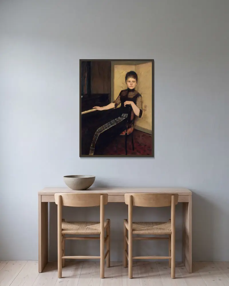 Porträtt av Jonkvrouwe Maria Francisca Louisa Dommer van Poldersveldt av Fernand Khnopff inramad på en vägg