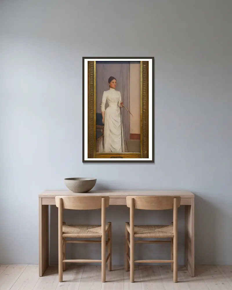 Portrait of Madeline Mabille av Fernand Khnopff inramad på en vägg