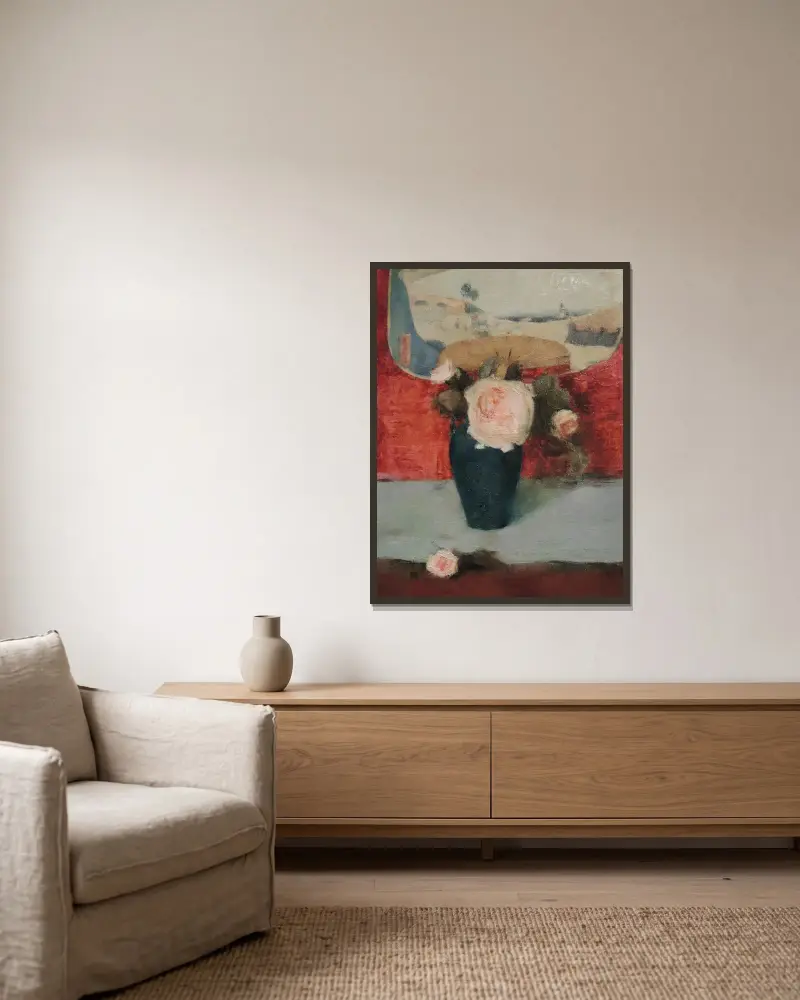 Roses et éventail japonais, huile sur toile av Fernand Khnopff inramad på en vägg