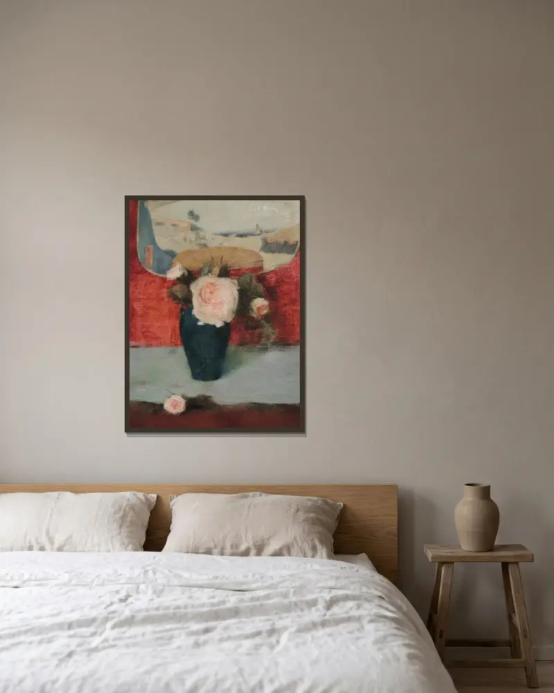 Roses et éventail japonais, huile sur toile av Fernand Khnopff inramad på en vägg