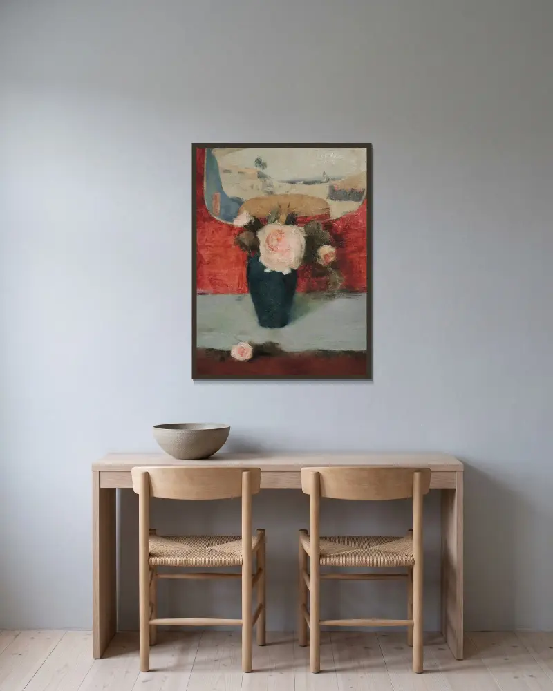 Roses et éventail japonais, huile sur toile av Fernand Khnopff inramad på en vägg