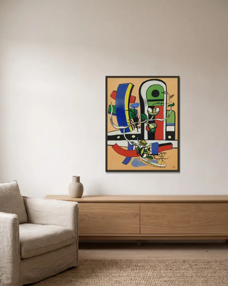Komposition med tre blommor av Fernand Léger inramad på en vägg