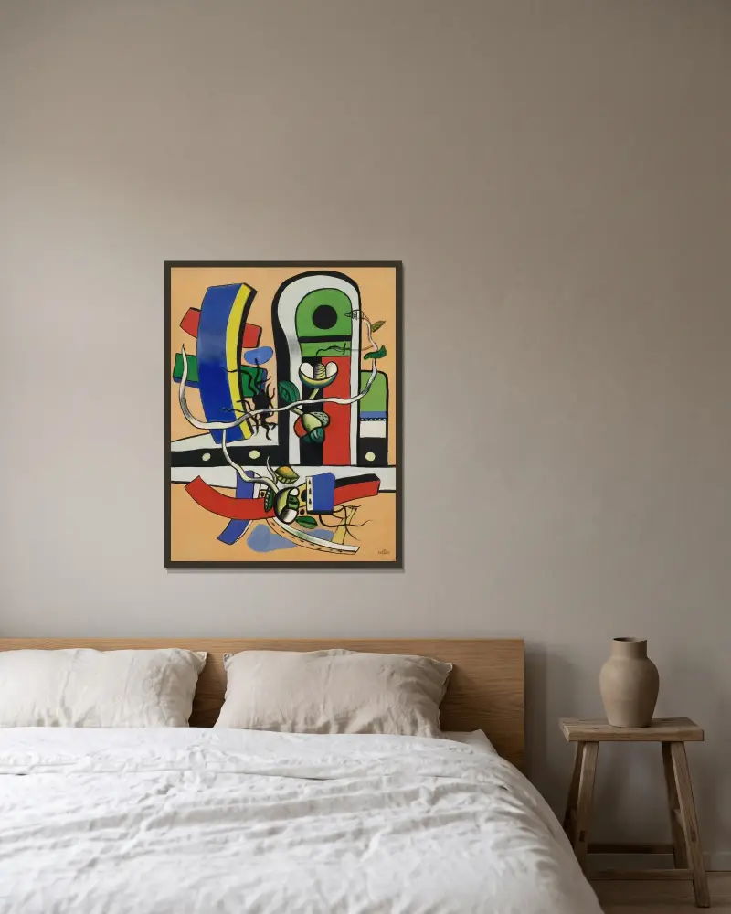 Komposition med tre blommor av Fernand Léger inramad på en vägg