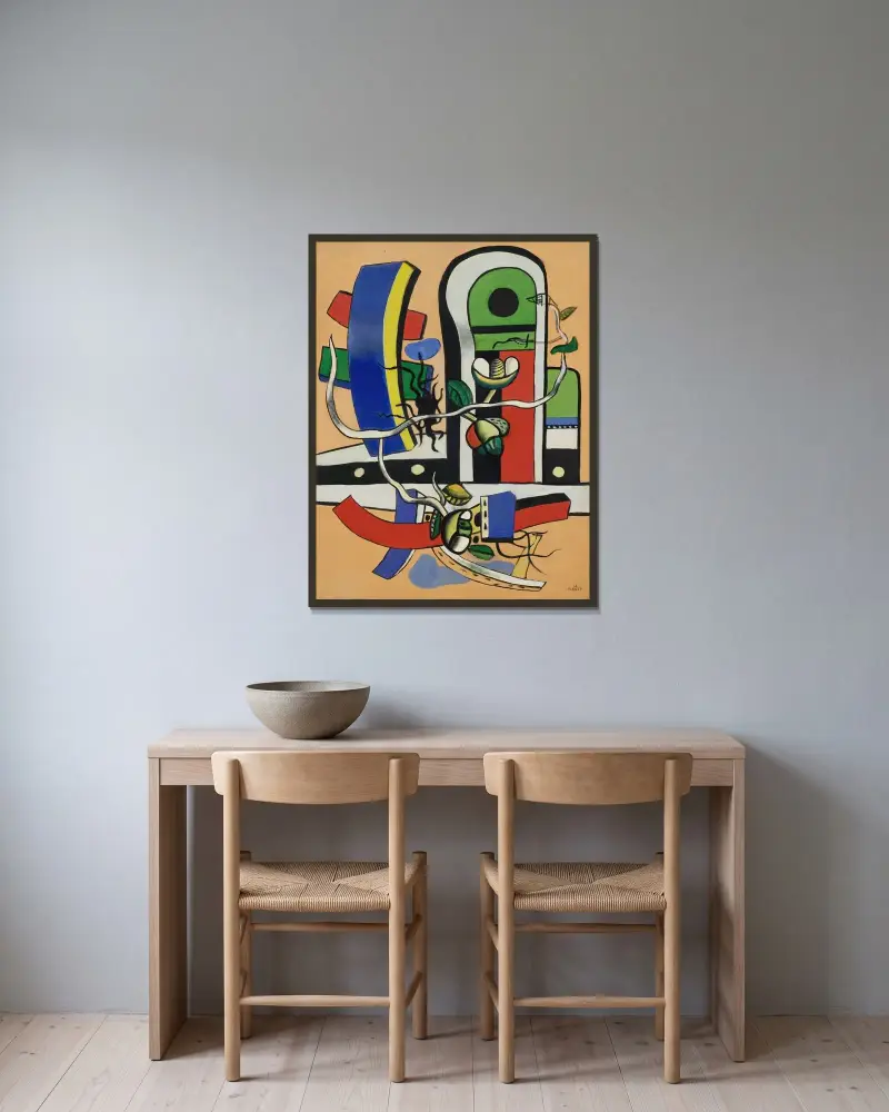 Komposition med tre blommor av Fernand Léger inramad på en vägg