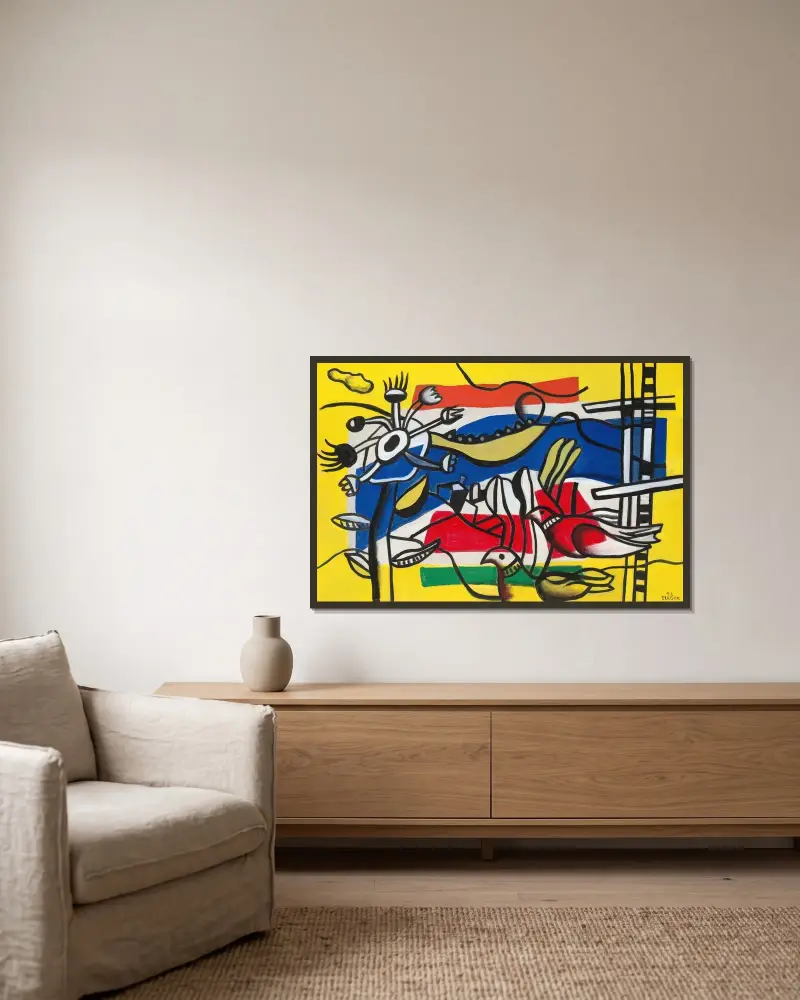 Två fåglar och en blomma av Fernand Léger inramad på en vägg