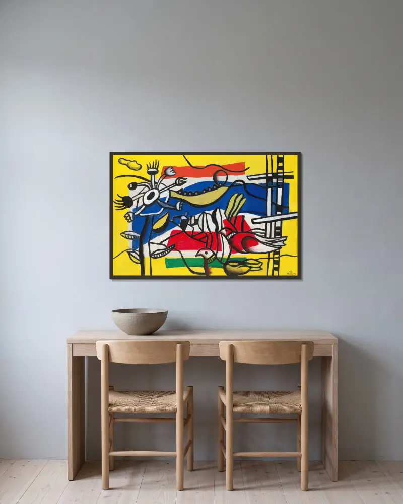 Två fåglar och en blomma av Fernand Léger inramad på en vägg