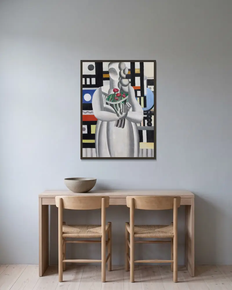 Ung flicka med bukett av Fernand Léger inramad på en vägg