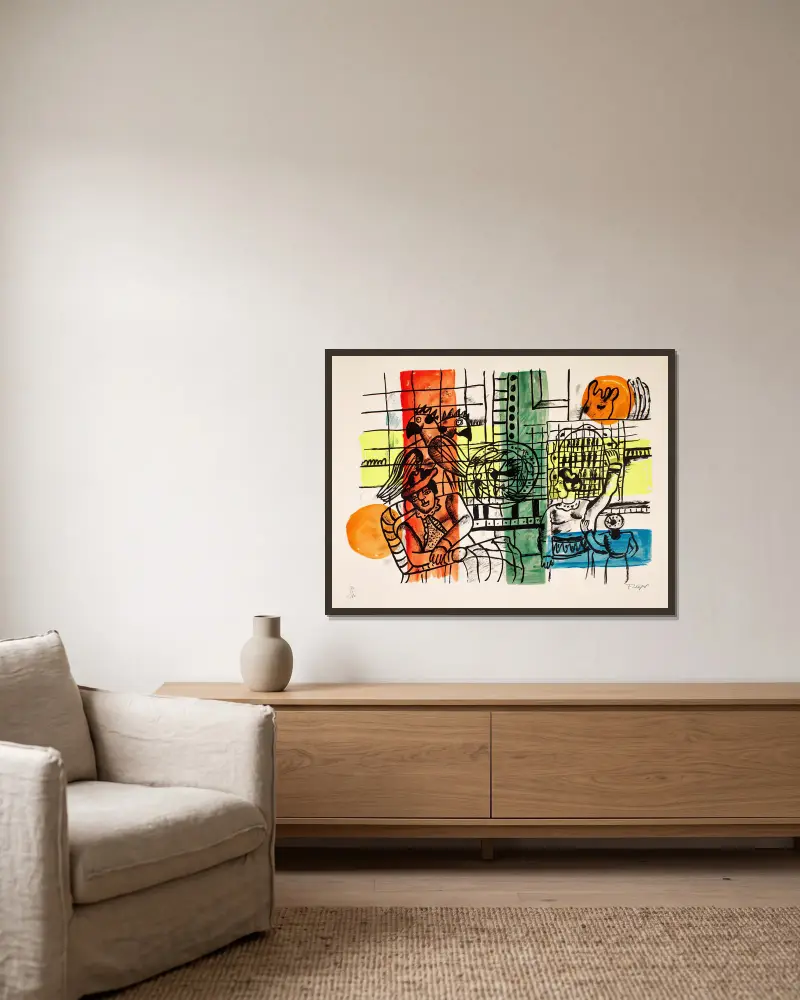 Die Vogelhändlerin von Fernand Léger gerahmt an einer Wand