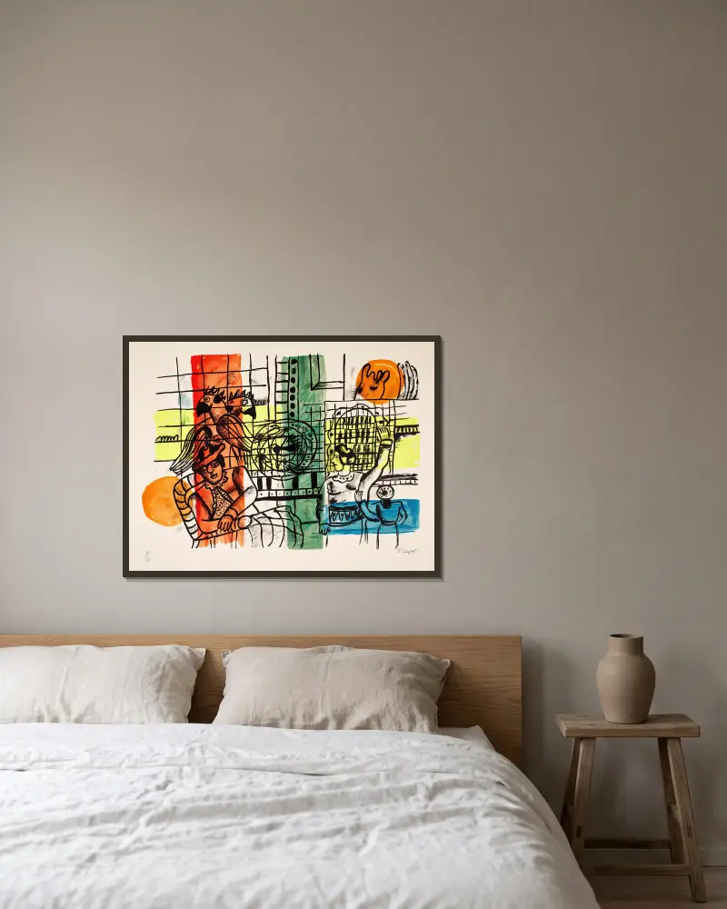 Die Vogelhändlerin von Fernand Léger gerahmt an einer Wand