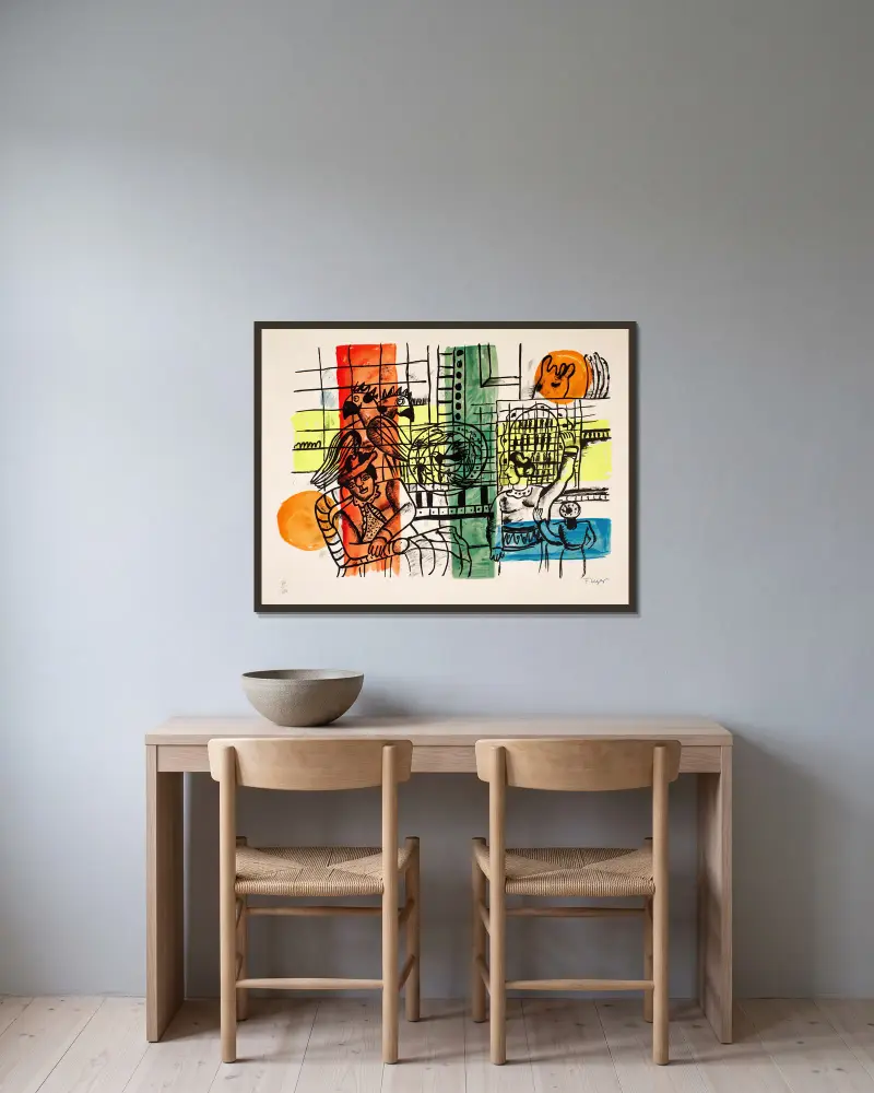 Die Vogelhändlerin von Fernand Léger gerahmt an einer Wand