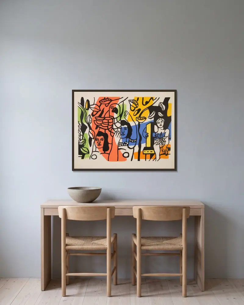 Kvinnorna med papegojan av Fernand Léger inramad på en vägg