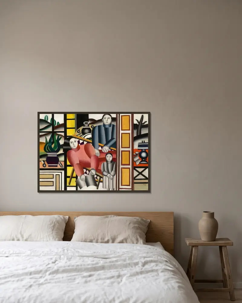 Tre figurer framför trädgården av Fernand Léger inramad på en vägg
