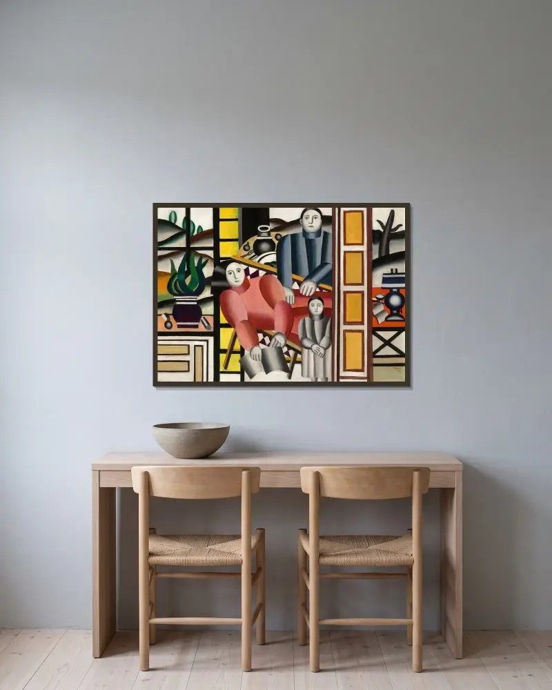 Tre figurer framför trädgården av Fernand Léger inramad på en vägg