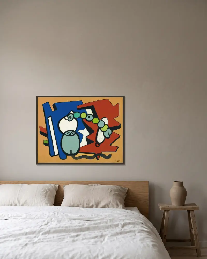 Trefärgad stilleben av Fernand Léger inramad på en vägg
