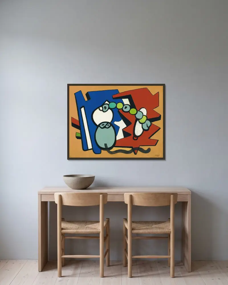 Trefärgad stilleben av Fernand Léger inramad på en vägg