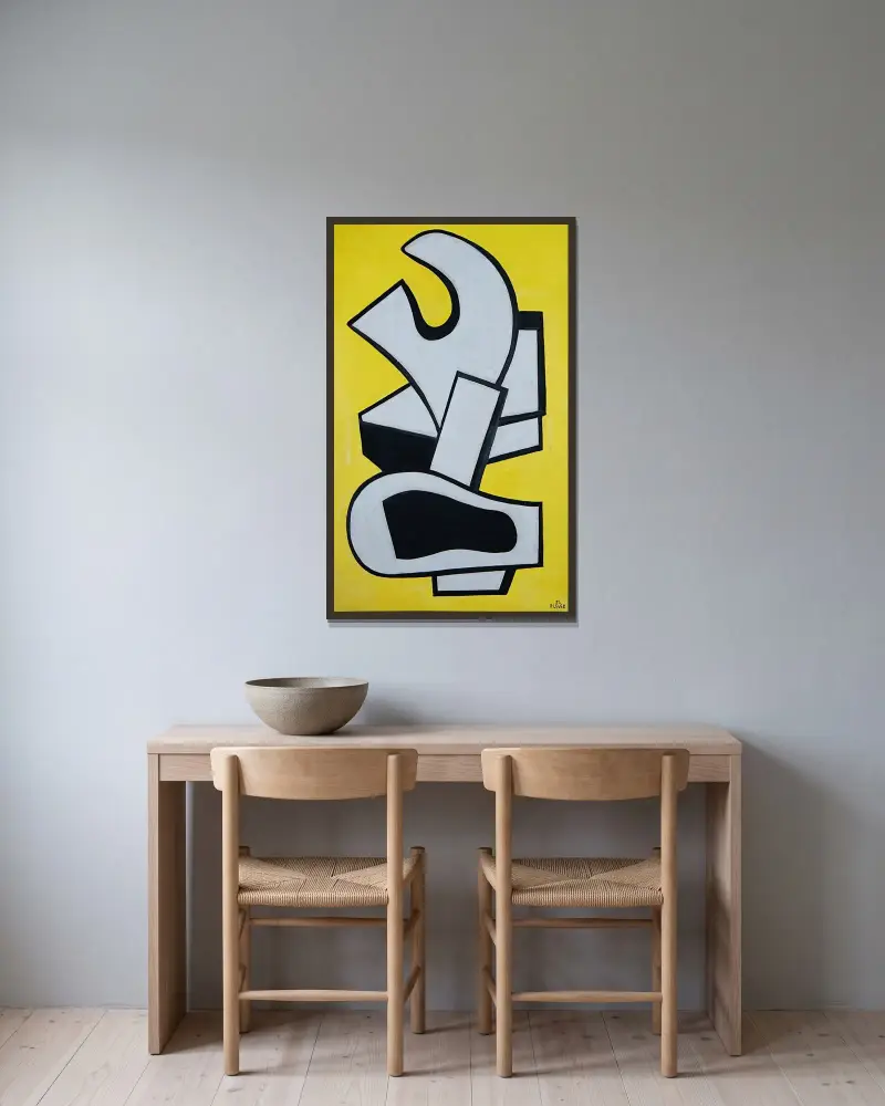 Väggmålning på gul bakgrund av Fernand Léger inramad på en vägg