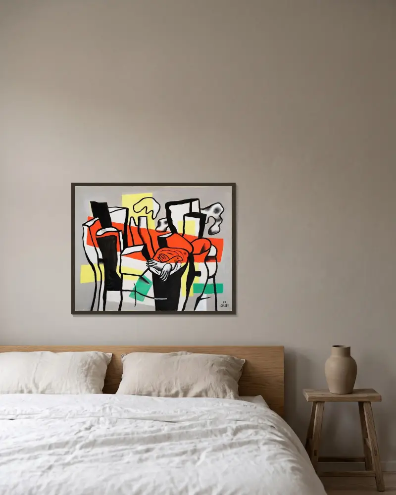 En fågel framför trädstammarna av Fernand Léger inramad på en vägg