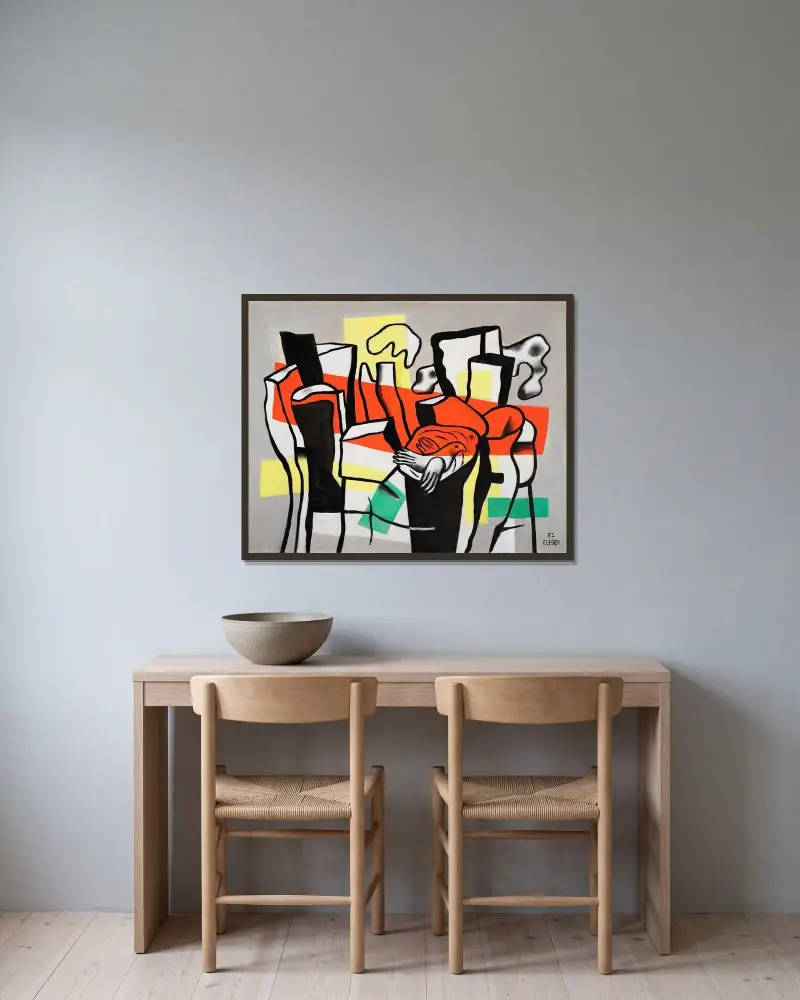 En fågel framför trädstammarna av Fernand Léger inramad på en vägg