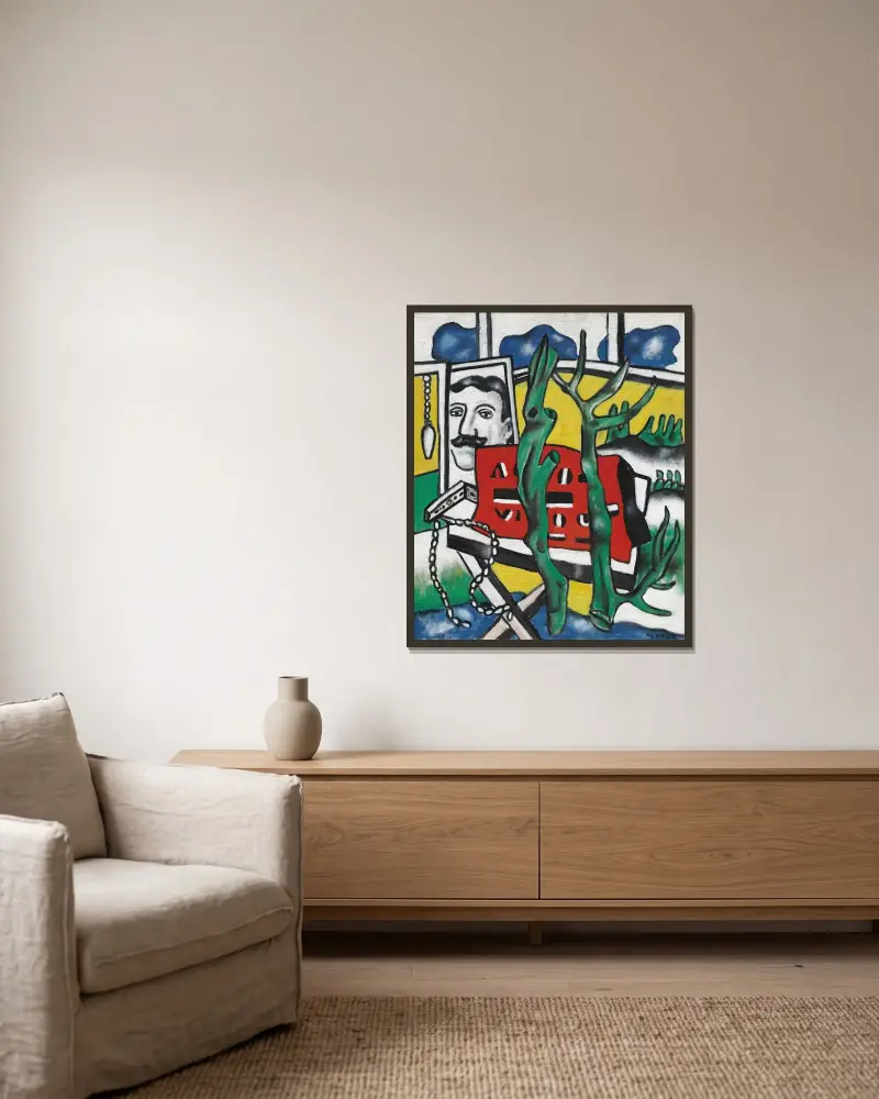 En figur i ett landskap av Fernand Léger inramad på en vägg