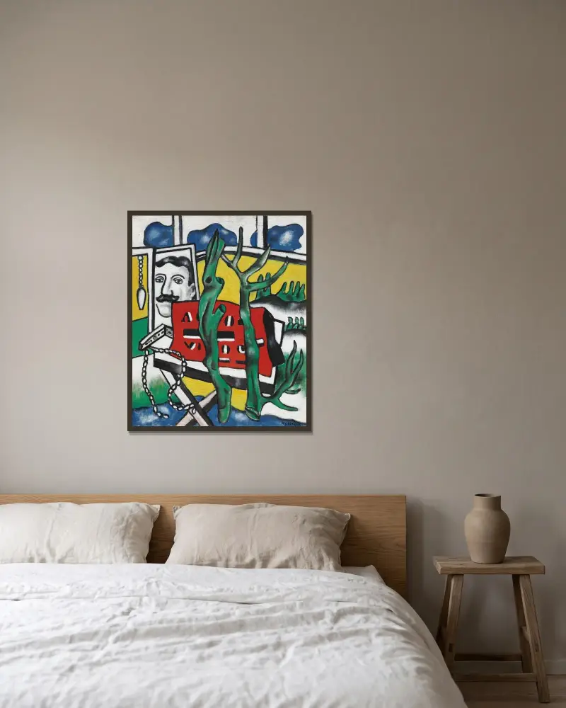 En figur i ett landskap av Fernand Léger inramad på en vägg