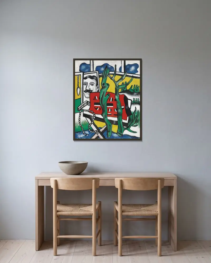 En figur i ett landskap av Fernand Léger inramad på en vägg