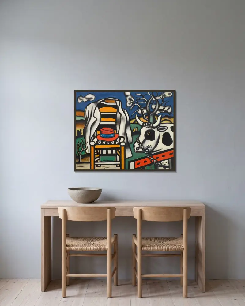 En ko och en röd hatt av Fernand Léger inramad på en vägg