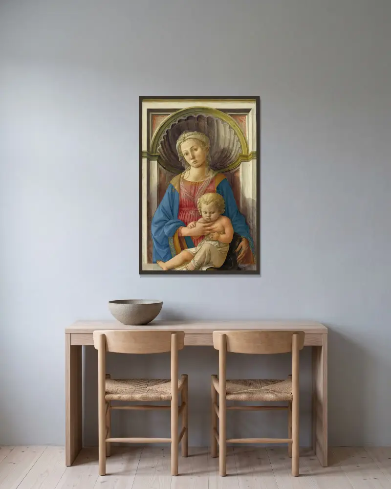Madonna and Child – nr 1 av Filippino Lippi inramad på en vägg
