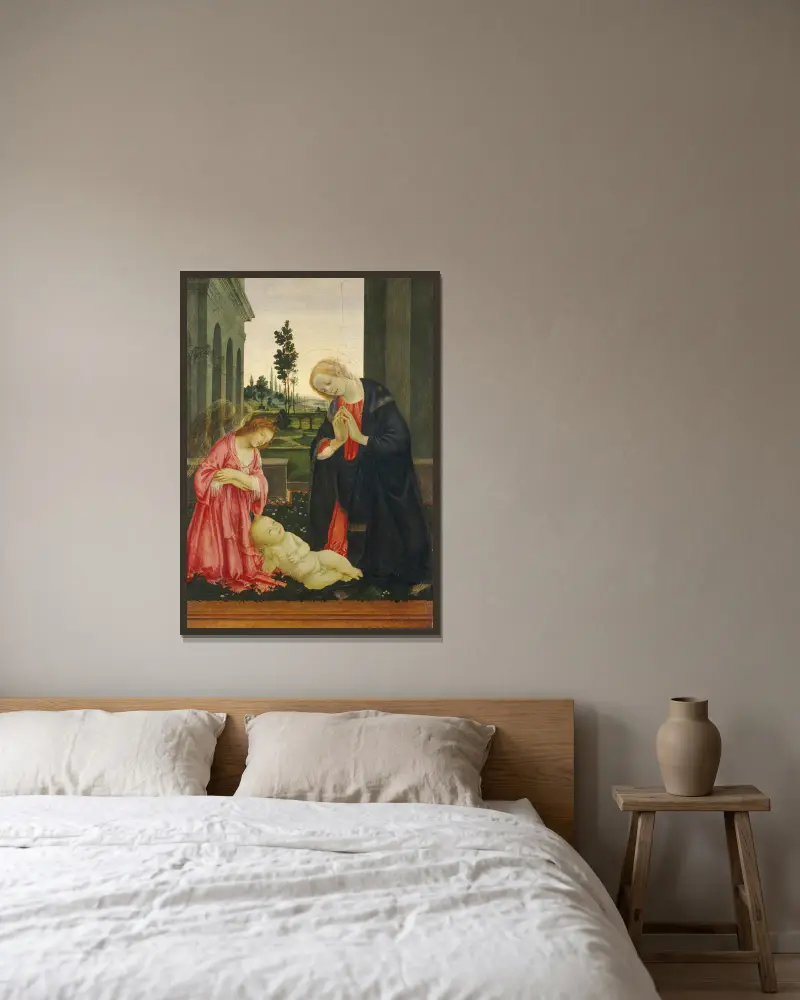 The Adoration of the Child av Filippino Lippi inramad på en vägg