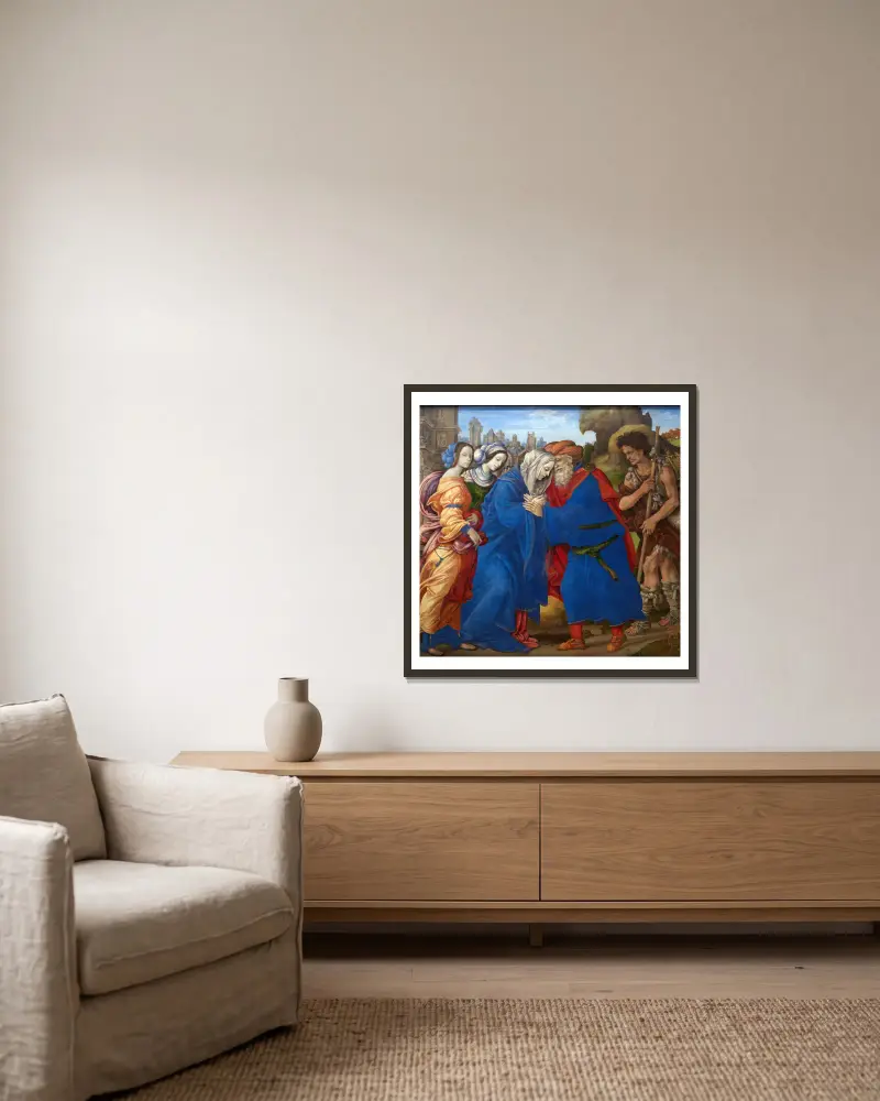 The Meeting of Joachim and Anne outside the Golden Gate of Jerusalem av Filippino Lippi inramad på en vägg