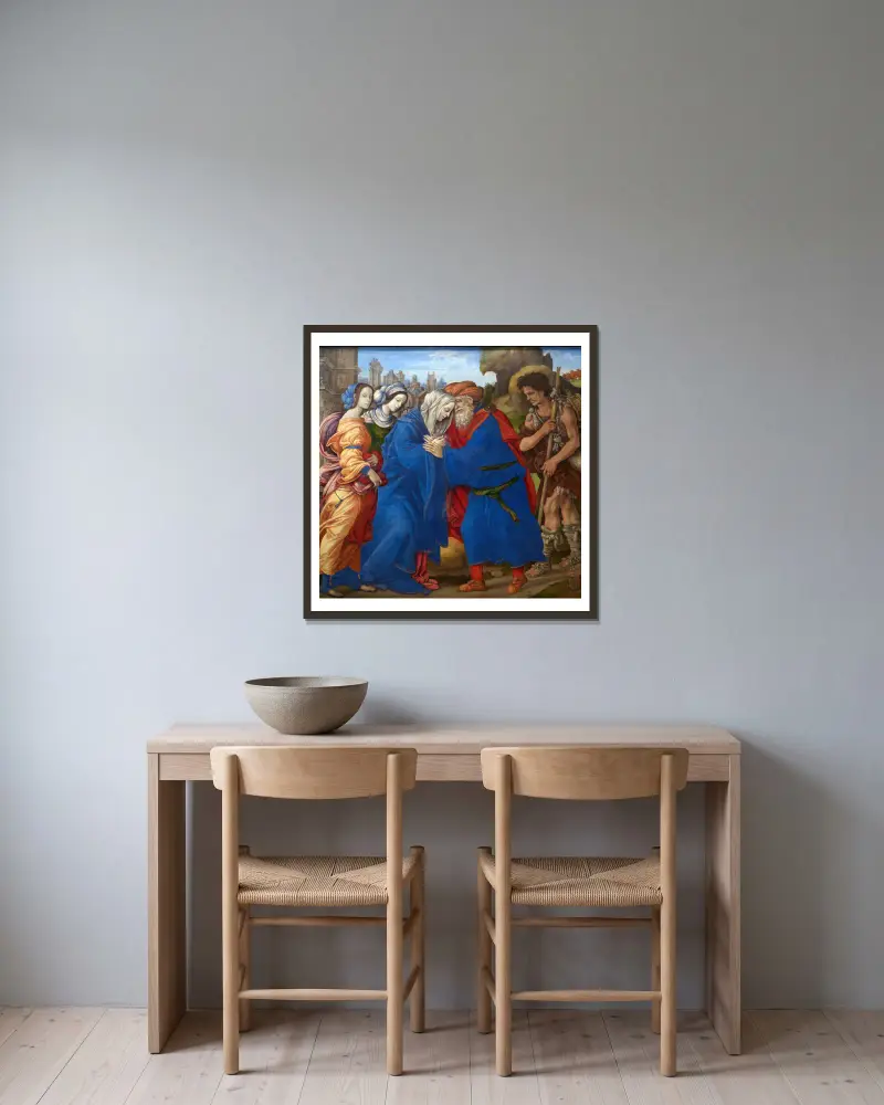 The Meeting of Joachim and Anne outside the Golden Gate of Jerusalem av Filippino Lippi inramad på en vägg