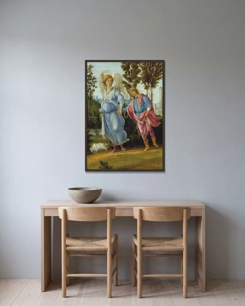 Tobias and the Angel av Filippino Lippi inramad på en vägg