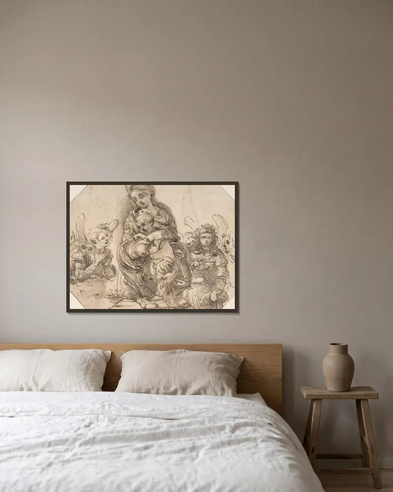 Madonnan och barnet omgivna av änglar av Filippino Lippi inramad på en vägg