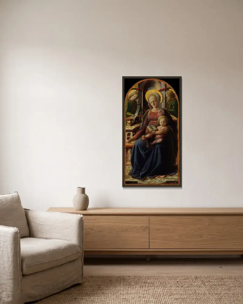 Madonna and Child Enthroned with Two Angels av Filippo Lippi inramad på en vägg