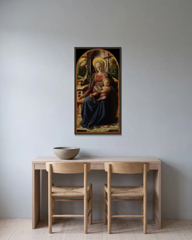 Madonna and Child Enthroned with Two Angels av Filippo Lippi inramad på en vägg