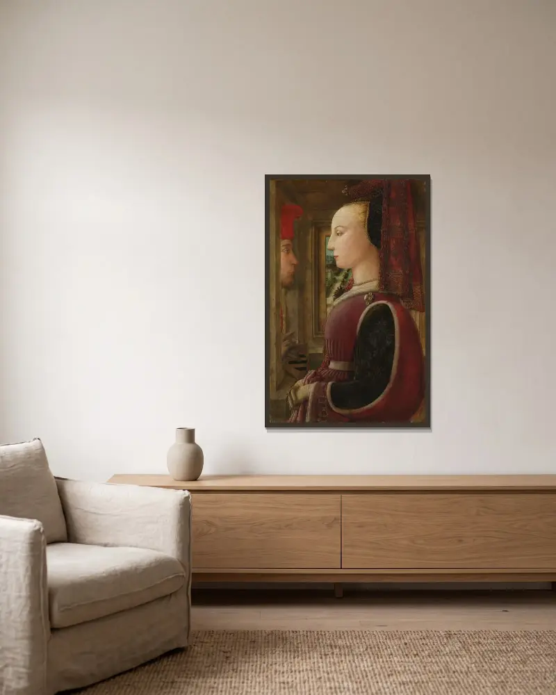 Portret kobiety z mężczyzną przy oknie, Filippo Lippi w ramie na ścianie