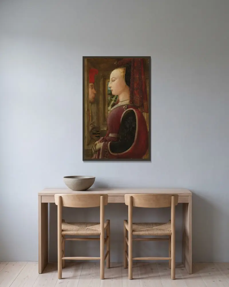 Portret kobiety z mężczyzną przy oknie, Filippo Lippi w ramie na ścianie