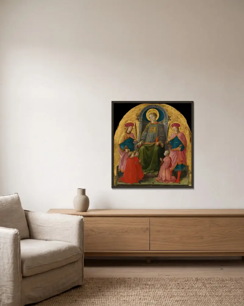 Sankt Lars på tronen med helgon och donatorer av Filippo Lippi inramad på en vägg