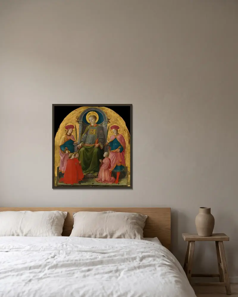 Sankt Lars på tronen med helgon och donatorer av Filippo Lippi inramad på en vägg
