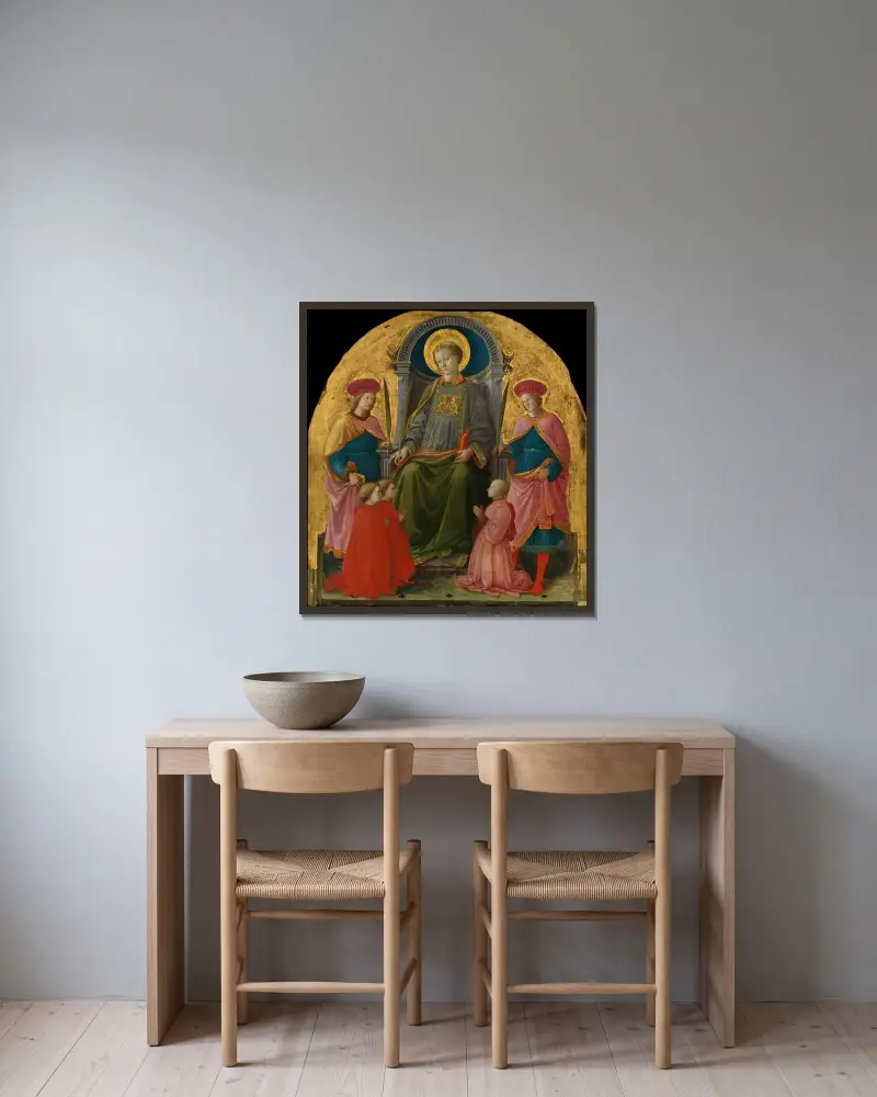 Sankt Lars på tronen med helgon och donatorer av Filippo Lippi inramad på en vägg