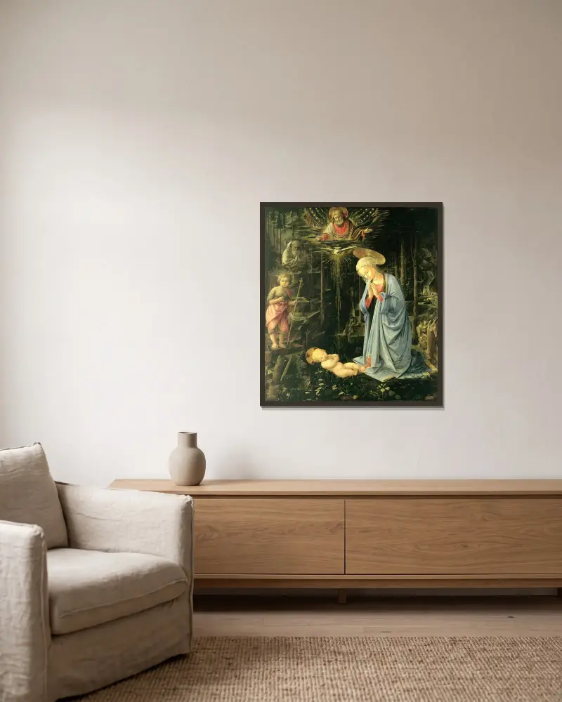 The Adoration in the Forest av Filippo Lippi inramad på en vägg