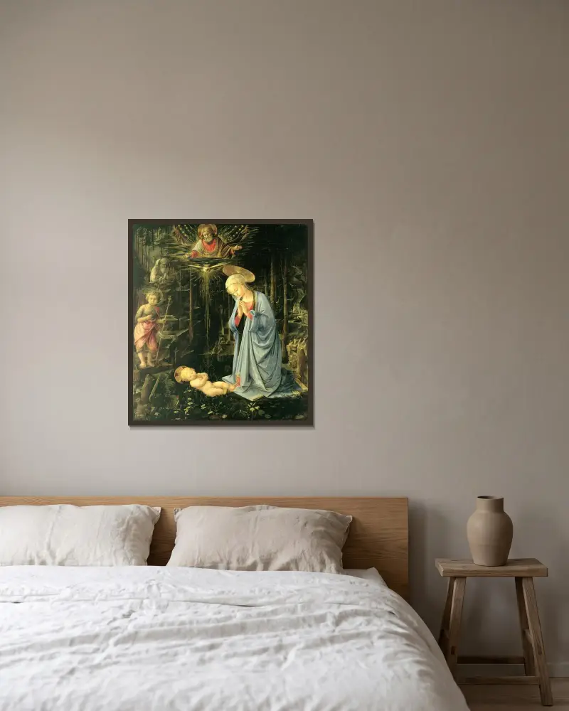 The Adoration in the Forest av Filippo Lippi inramad på en vägg