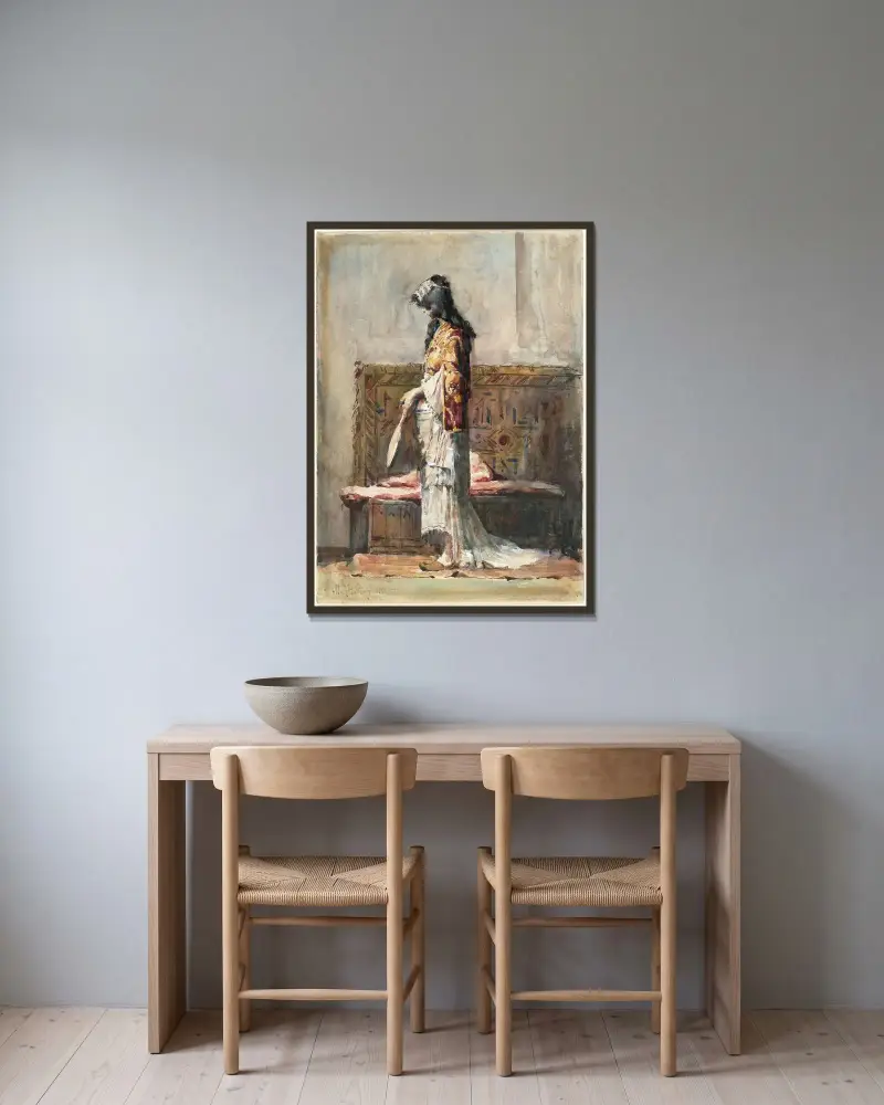 En marockansk kvinna i traditionell dräkt av Mariano Fortuny Marsal inramad på en vägg