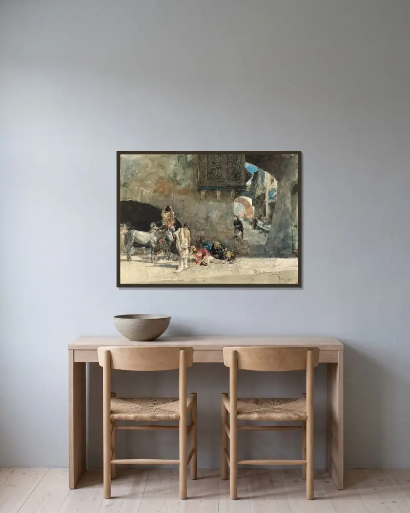 En gata i Tanger av Mariano Fortuny Marsal inramad på en vägg