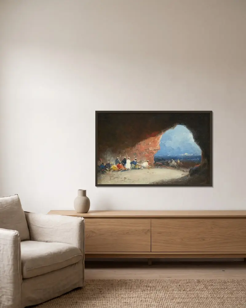 Araber i en grotta vid havet av Mariano Fortuny Marsal inramad på en vägg