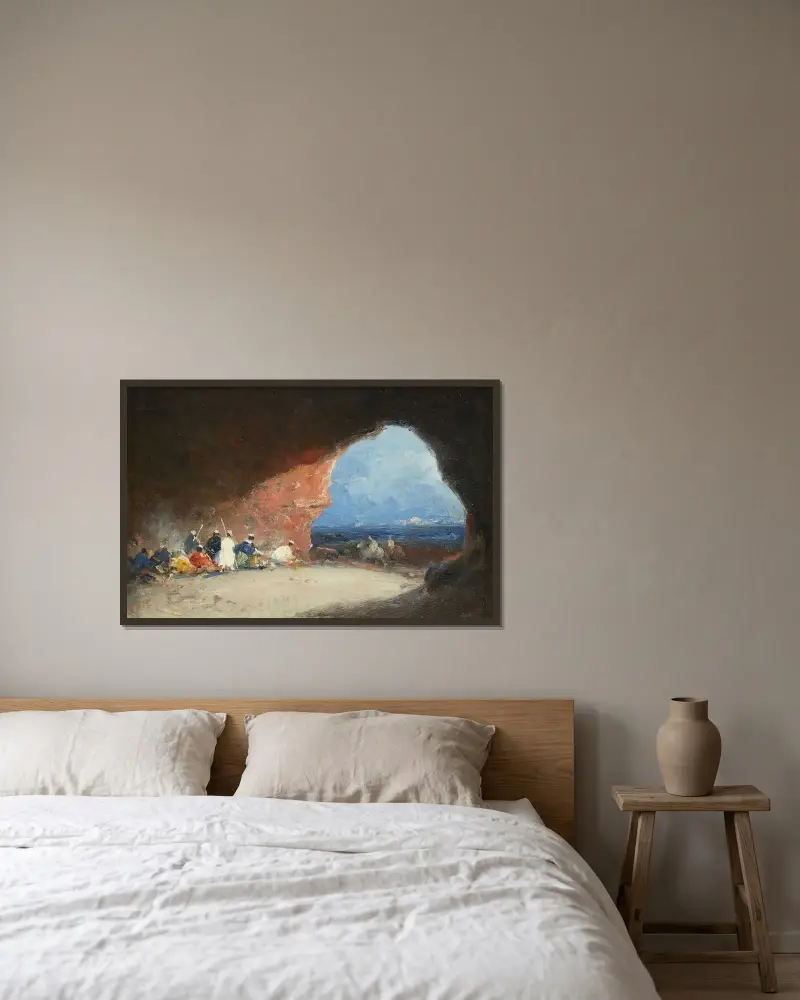 Araber i en grotta vid havet av Mariano Fortuny Marsal inramad på en vägg