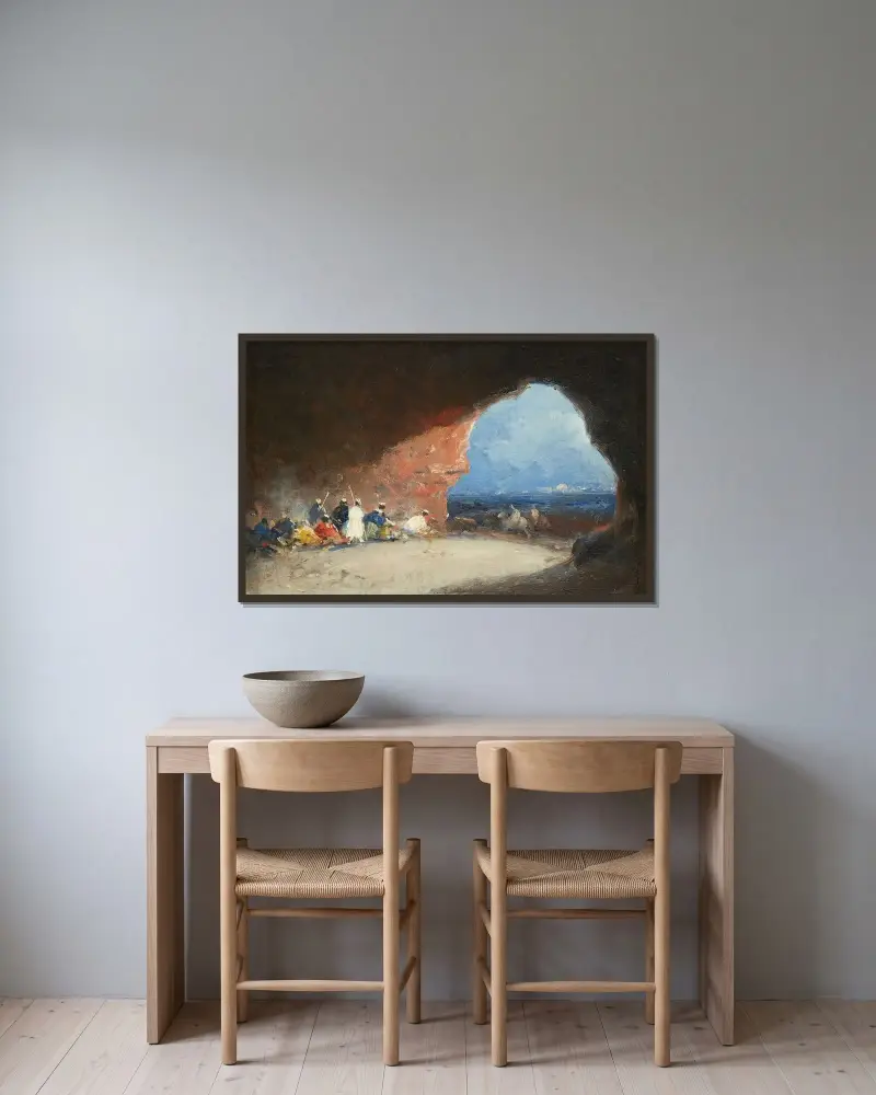 Araber i en grotta vid havet av Mariano Fortuny Marsal inramad på en vägg